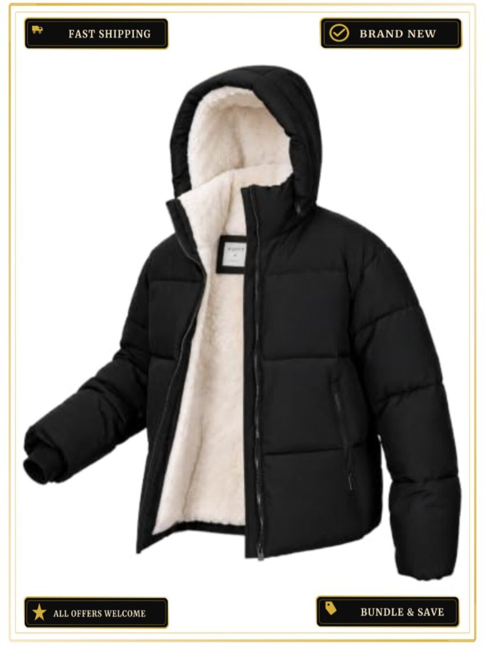 Quilted Cropped Puffer Jacket Faux Fur Lined Winter Coat